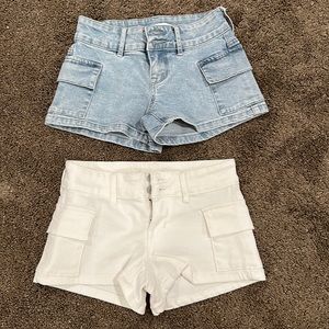 two pacsun low rise cargo shorts size 23 (white) and size 22 (blue)